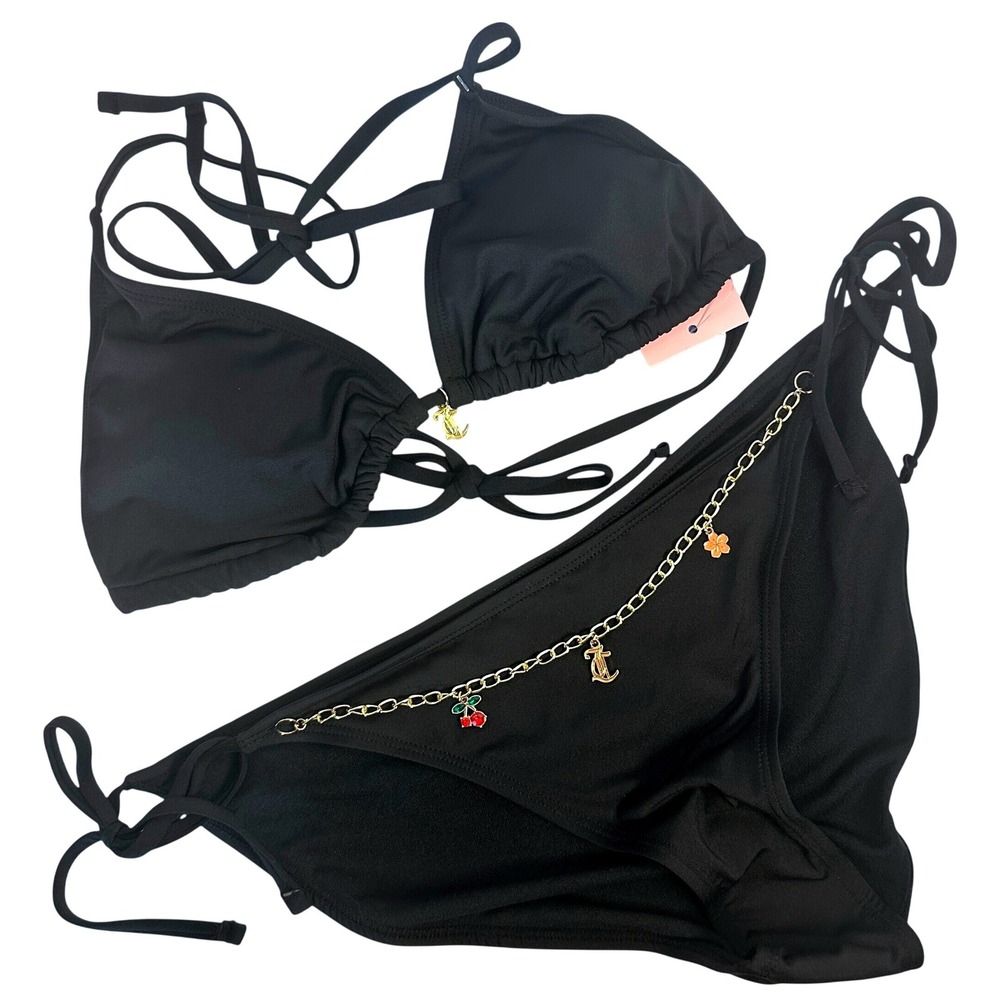 Juicy Couture Bikini Set Women Large Black New Rhinestone Logo Charm Chain‎ 2pc